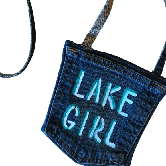 Handmade Crossbody Cell Phone Bag: Lake Girl Theme, Recycled Denim Jean Purse - Picture 7 of 9
